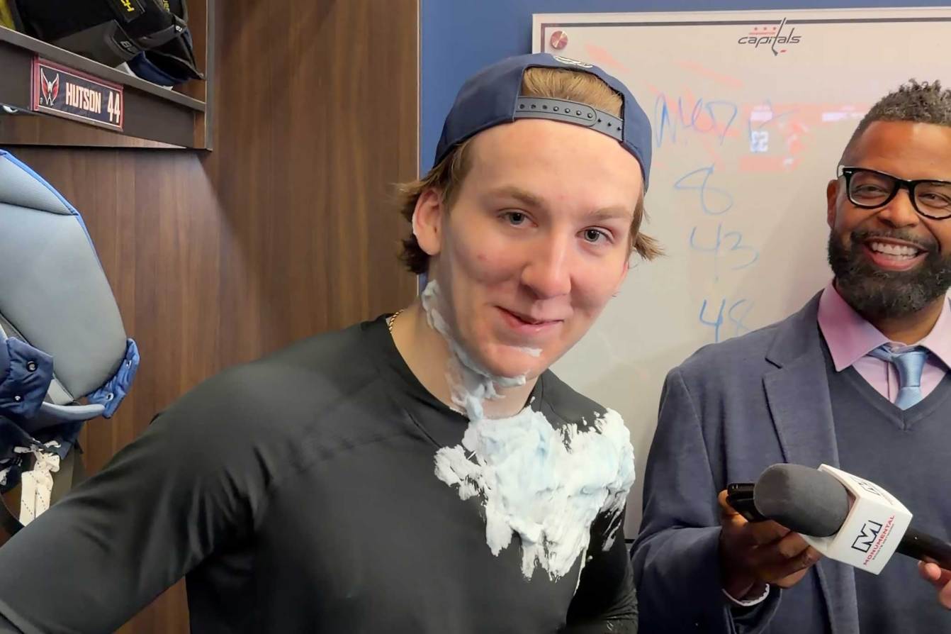 Cole Hutson takes pie to the face from Tom Wilson after first NHL goal: ‘He almost dodged me!’