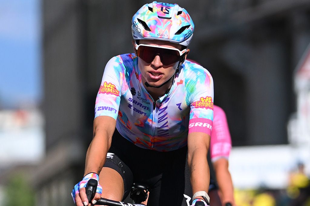 Kasia Niewiadoma-Phinney (Canyon-SRAM) crosses the finish line during the 5th Tour de France Femmes 2026, Stage 1 (Photo by Tim de Waele/Getty Images) Image cropped before use.