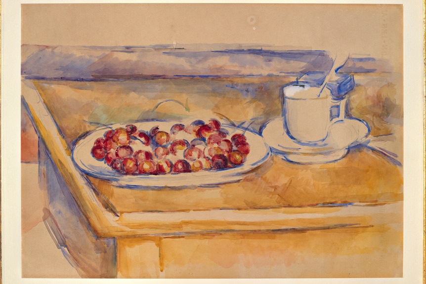 A scanned image of a painting showing a white plate filled with red cherries next to a white cup and saucer.
