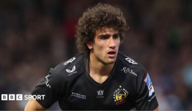 Andrea Zambonin torso and head shot looking forward, focused, wearing black Exeter Chiefs home kit