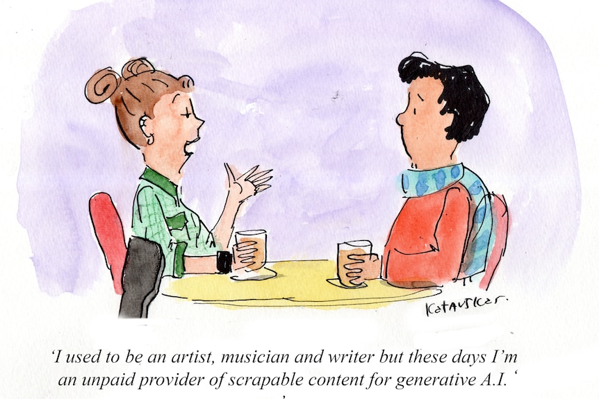 A cartoon drawing about AI that says: "I used to be an artist but these days I'm an unpaid provider of scrapable content for AI"