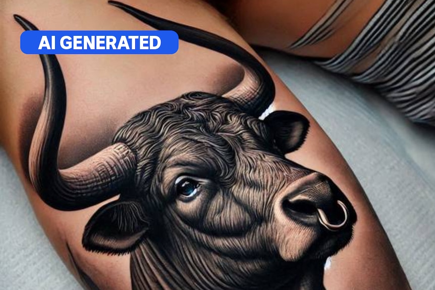 An AI-designed tattoo of a black bull with large horns