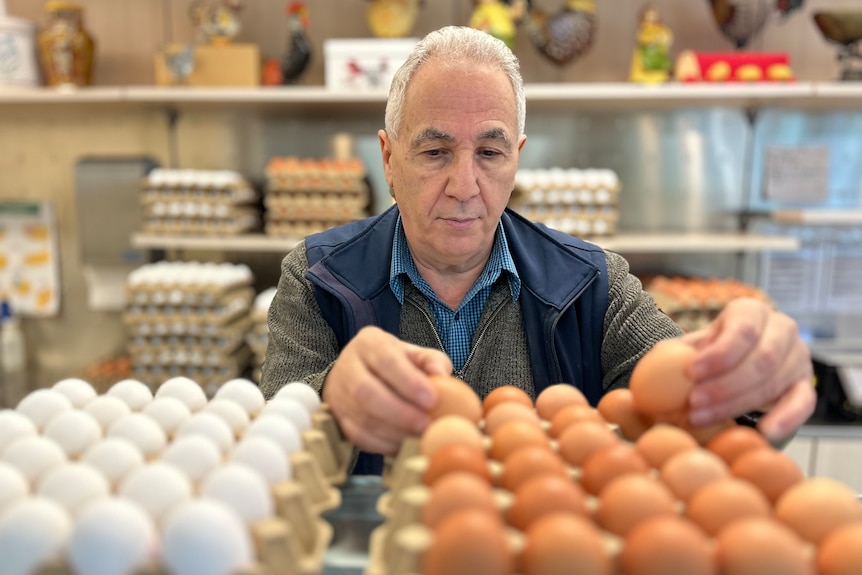 Man sorting eggs in a shop.