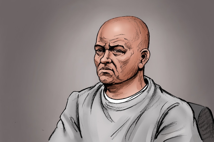 A digital sketch of a bald man in a grey tracksuit in court.
