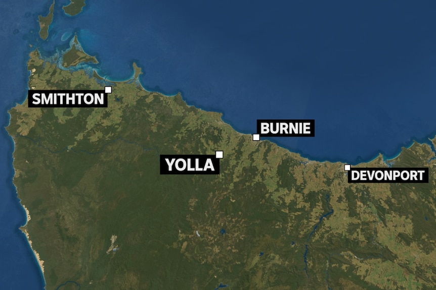 A map of north-west Tasmania showing Smithton, Yolla, Burnie and Devonport.