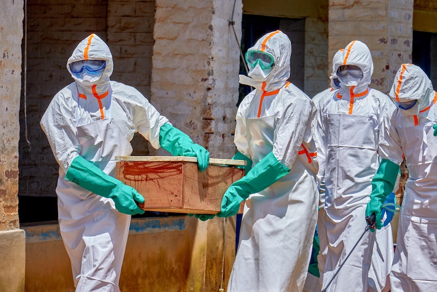 Health workers in heavy PPE and gloves carry a small wooden coffin out of a building.