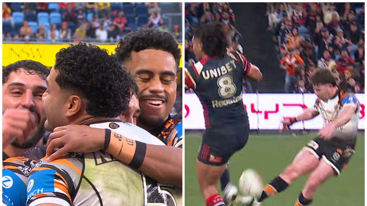 NRL 2026: Wests Tigers def Sydney Roosters, results, highlights, tries, videos, ladder, Alex Twal injury, Victor Radley injury, big hits
