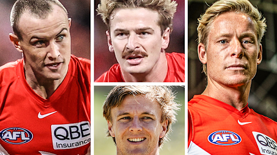 Clockwise from left: Swans players Chad Warner, Riley Bice, Isaac Heeney and James Jordon.