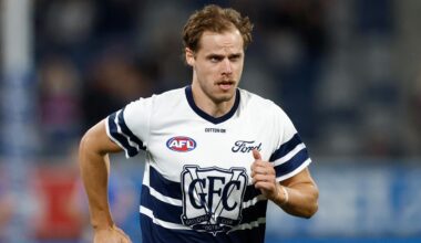 GEELONG, AUSTRALIA - APRIL 17: Jake Kolodjashnij of the Cats warms up before his 200th match during the 2026 AFL Round 06 match between the Geelong Cats and the Western Bulldogs at GMHBA Stadium on April 17, 2026 in Geelong, Australia. (Photo by Michael Willson/AFL Photos via Getty Images)