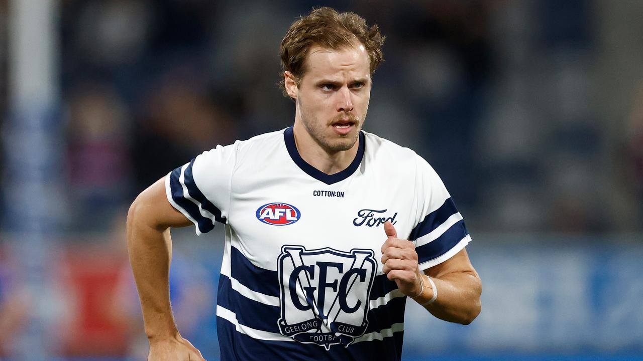 GEELONG, AUSTRALIA - APRIL 17: Jake Kolodjashnij of the Cats warms up before his 200th match during the 2026 AFL Round 06 match between the Geelong Cats and the Western Bulldogs at GMHBA Stadium on April 17, 2026 in Geelong, Australia. (Photo by Michael Willson/AFL Photos via Getty Images)