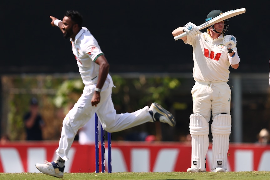 A cricket batter makes a 'review' signal with his hands as a player to his right celebrates