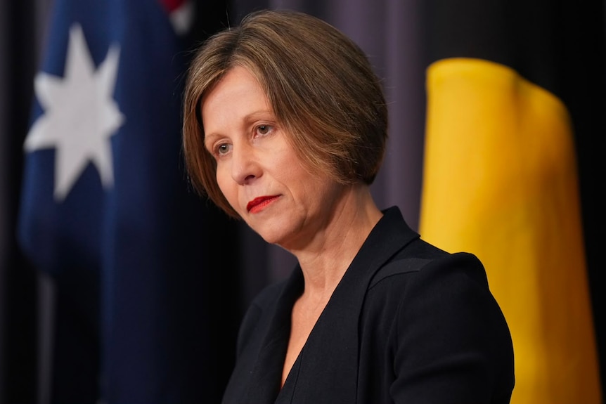 middle aged white woman with short brown hair stands in front of curtain and flags, she wears a black jacket