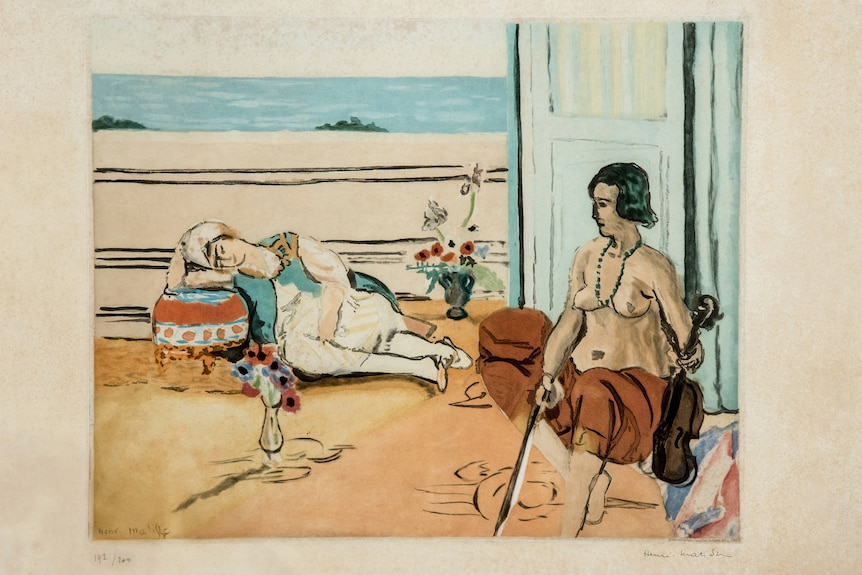 A scanned image of a painting showing a topless woman sitting next to a man leaning on an ottoman in a small room.