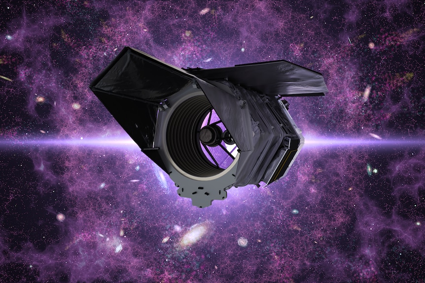 A tube-shaped telescope with a mirror in its centre floating against a purple starry background.