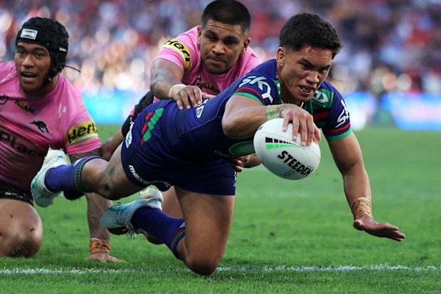 Taine Tuaupiki charged over for his first NRL try.