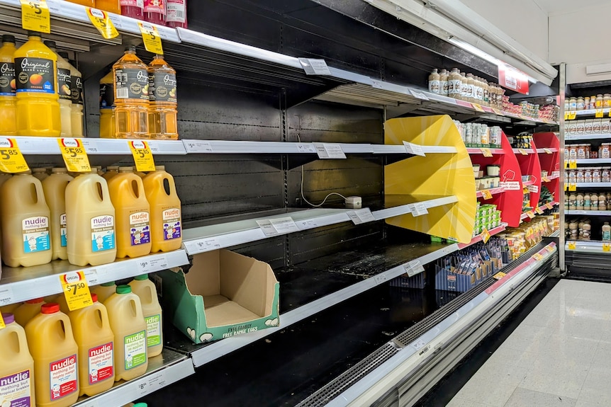 Multiple empty shelves in a supermarket fridge where eggs should be.