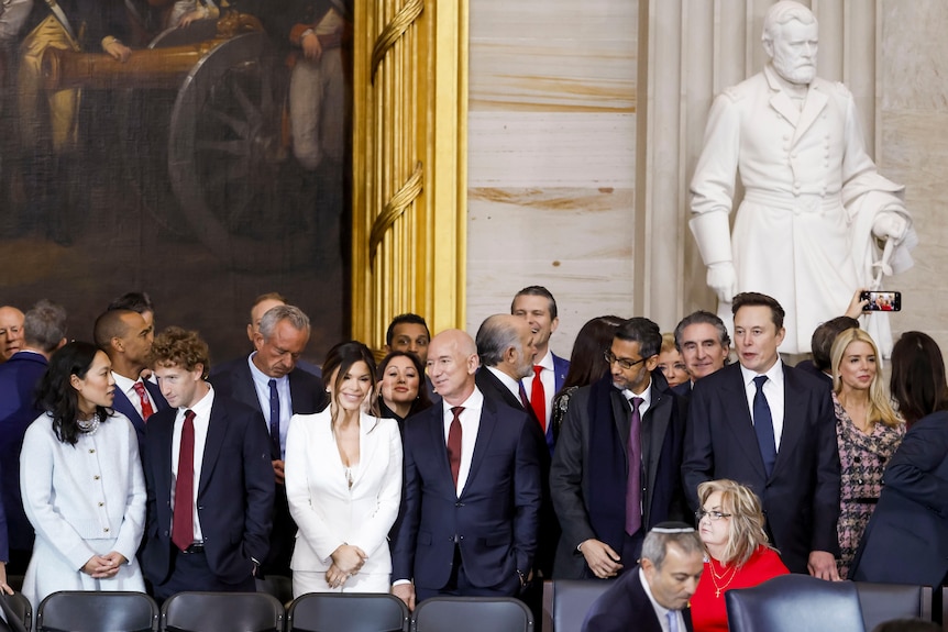 A crowd of people, including Mark Zuckerberg, Jeff Bezos and Elon Musk attend Donald Trump's inauguration