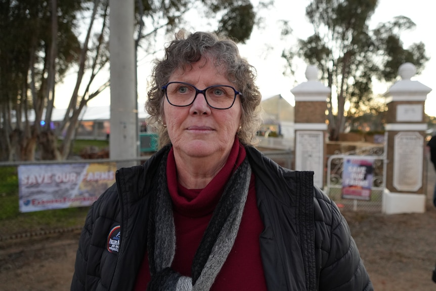 Woman with short grey curly hair and glasses standing outside with a serious expression.