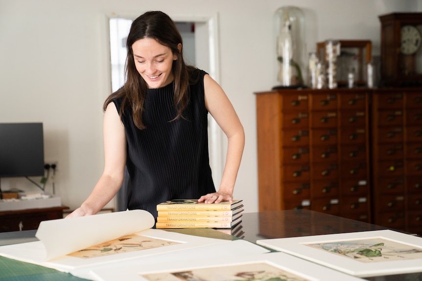 Archivist Darcy Campbell looking at artworks and books related to the Scott sisters.