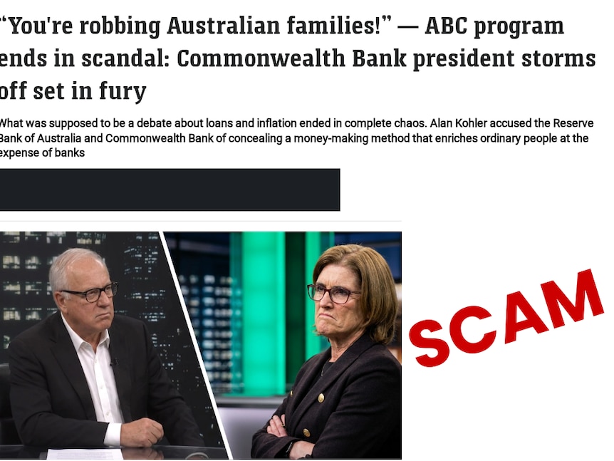 A fake news article with a photo of Alan Kohler and Michelle Bullock grimacing at each other in an ABC studio.