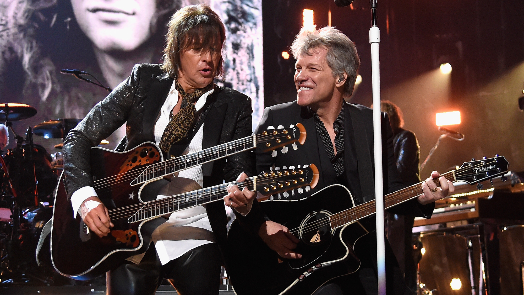 Inductees Richie Sambora and Jon Bon Jovi of Bon Jovi perform during the 33rd Annual Rock &amp; Roll Hall of Fame Induction Ceremony at Public Auditorium on April 14, 2018 in Cleveland, Ohio.
