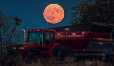 An orange full moon is photographed above a red tractor in a field at night.