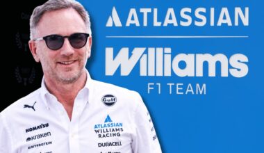 Christian Horner is mocked up in a Williams shirt next to its logo