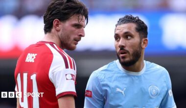 Rayan Cherki looks at Declan Rice during the Community Shield