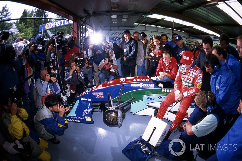 Barrichello sits in the Jordan garage waiting to see if he keeps pole during Saturday qualifying