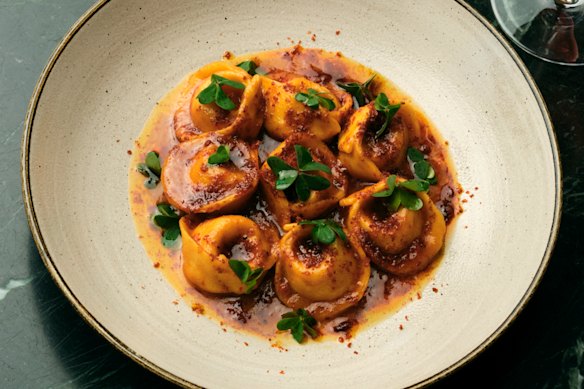 Moreton Bay bug and lemon bechamel tortelloni in shellfish bisque at Lagotto.