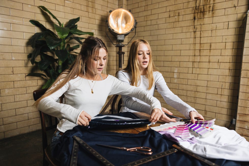 maiden cricket: honor and cat selecting fabric samples at a table