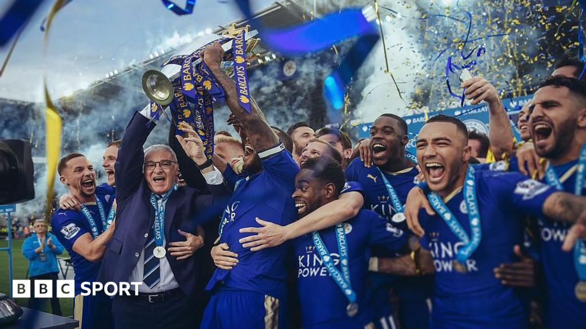 Claudio Ranieri with the Premier League trophy and a crown being put on his head