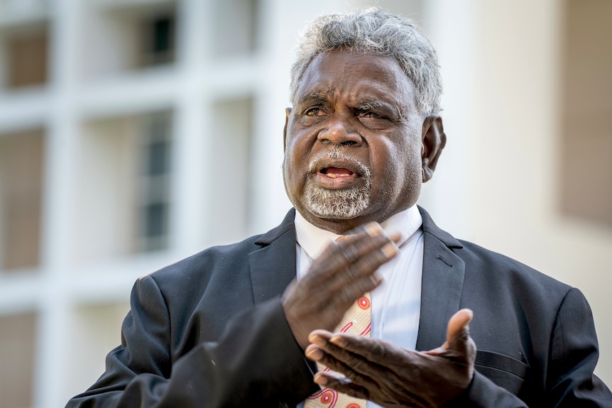 A photo of an Indigenous man in a suit, speaking outside NT Parliament.