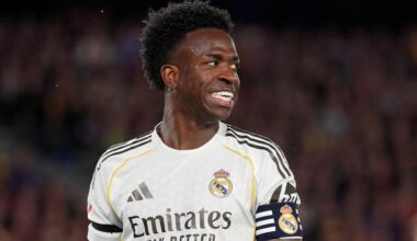 Vinicius Junior of Real Madrid reacts during the LaLiga EA Sports match between FC Barcelona and Real Madrid CF at Spotify Camp Nou on May 10, 2026...