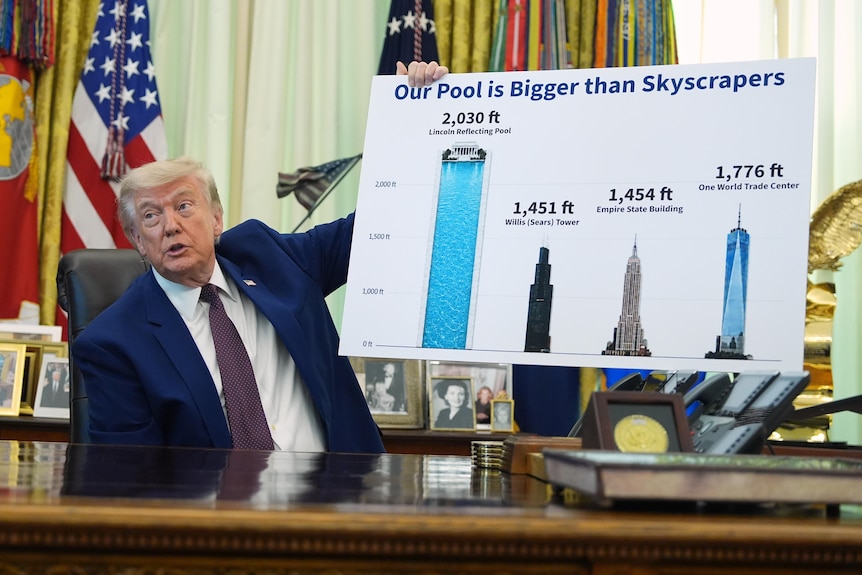 Donald Trump holds up a poster showing the size of the reflecting pool in comparison to skyscrapers