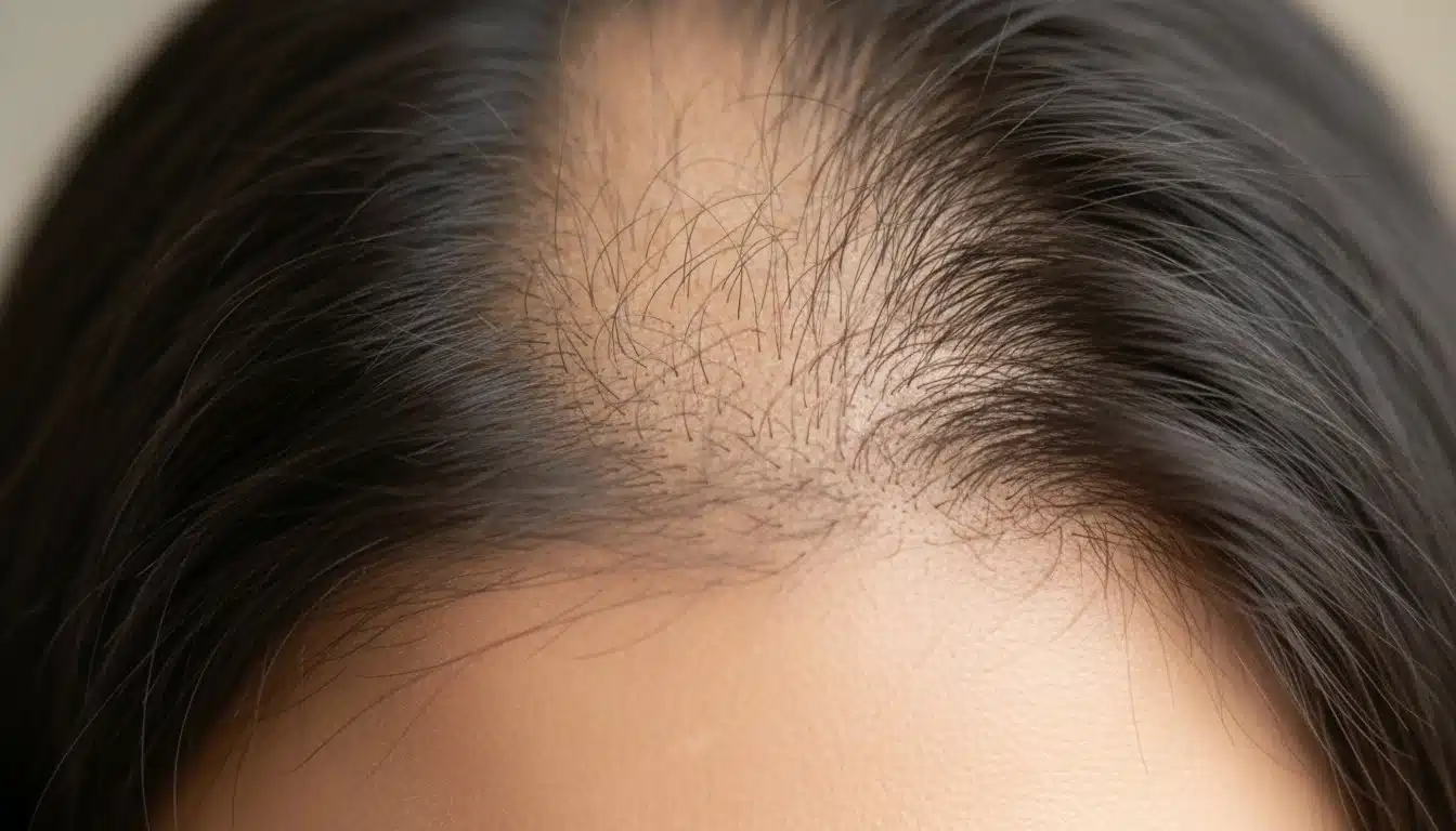 Close-up of scalp showing dramatic hair regrowth in a patient with alopecia areata, with new healthy hair emerging from previously bare skin