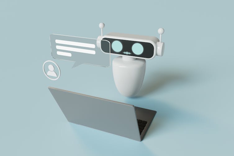 A robot works on a laptop in a artistic rendering of customer service delivered via AI.