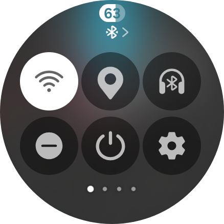 Galaxy Watch quick settings panel with Wi-Fi Bluetooth and location toggles.