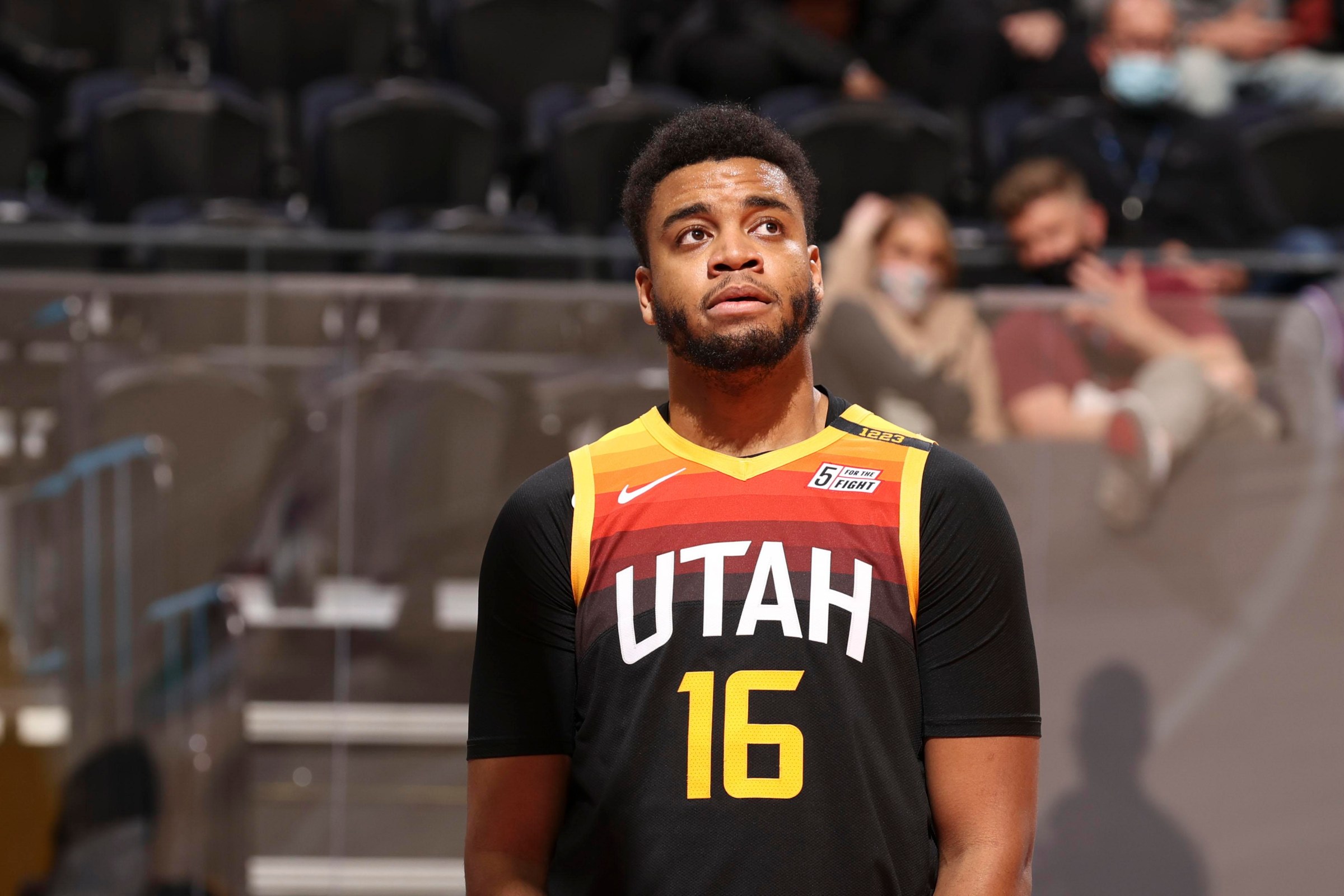 SALT LAKE CITY, UT - MARCH 24: Juwan Morgan #16 of the Utah Jazz looks on during the game against the Brooklyn Nets on March 24, 2021 at vivint.SmartHome Arena in Salt Lake City, Utah. NOTE TO USER: User expressly acknowledges and agrees that, by downloading and or using this Photograph, User is consenting to the terms and conditions of the Getty Images License Agreement. Mandatory Copyright Notice: Copyright 2021 NBAE (Photo by Melissa Majchrzak/NBAE via Getty Images)