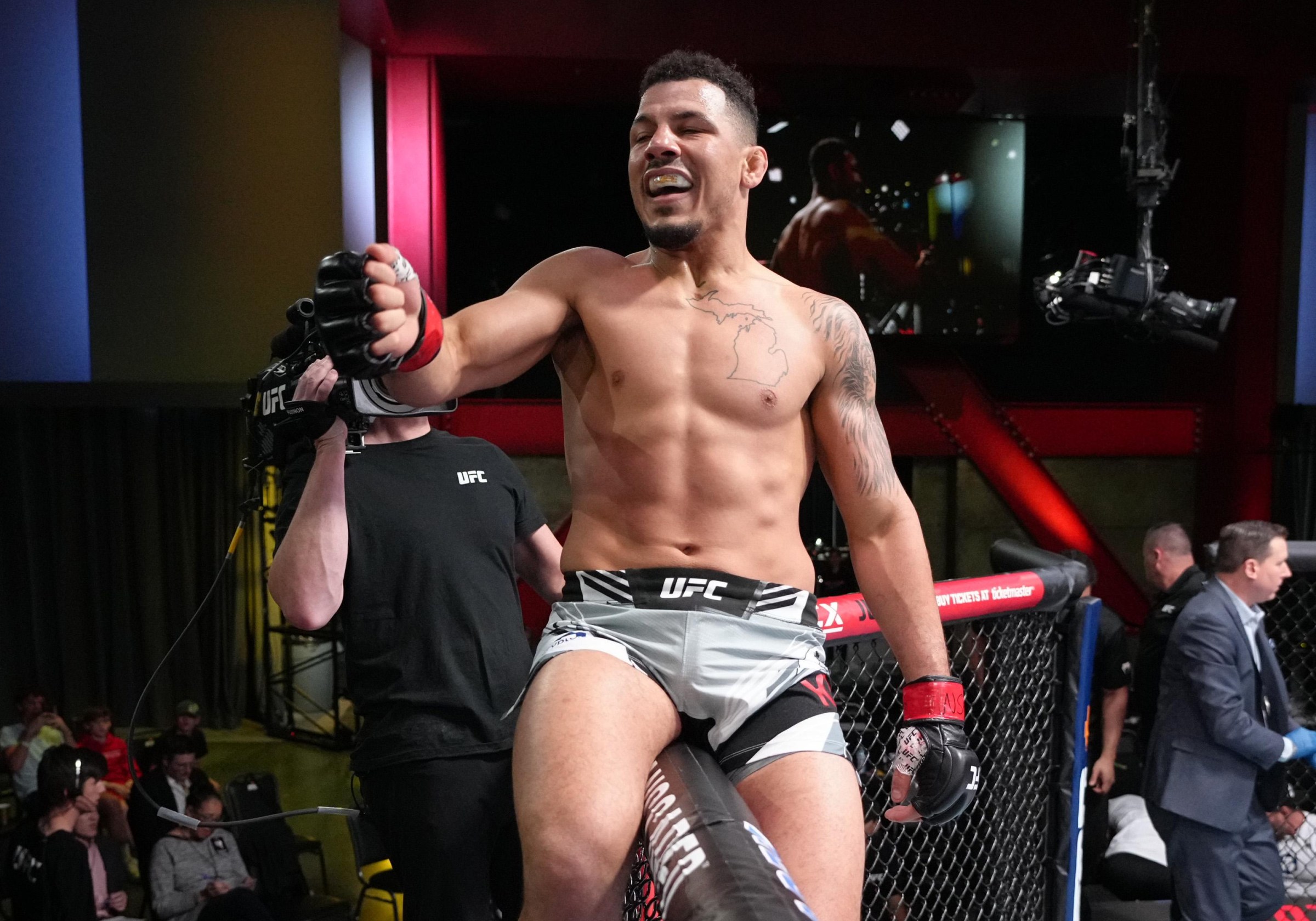 LAS VEGAS, NEVADA - APRIL 16: Drakkar Klose reacts after his TKO victory over Brandon Jenkins in a lightweight fight during the UFC Fight Night event at UFC APEX on April 16, 2022 in Las Vegas, Nevada. (Photo by Jeff Bottari/Zuffa LLC)