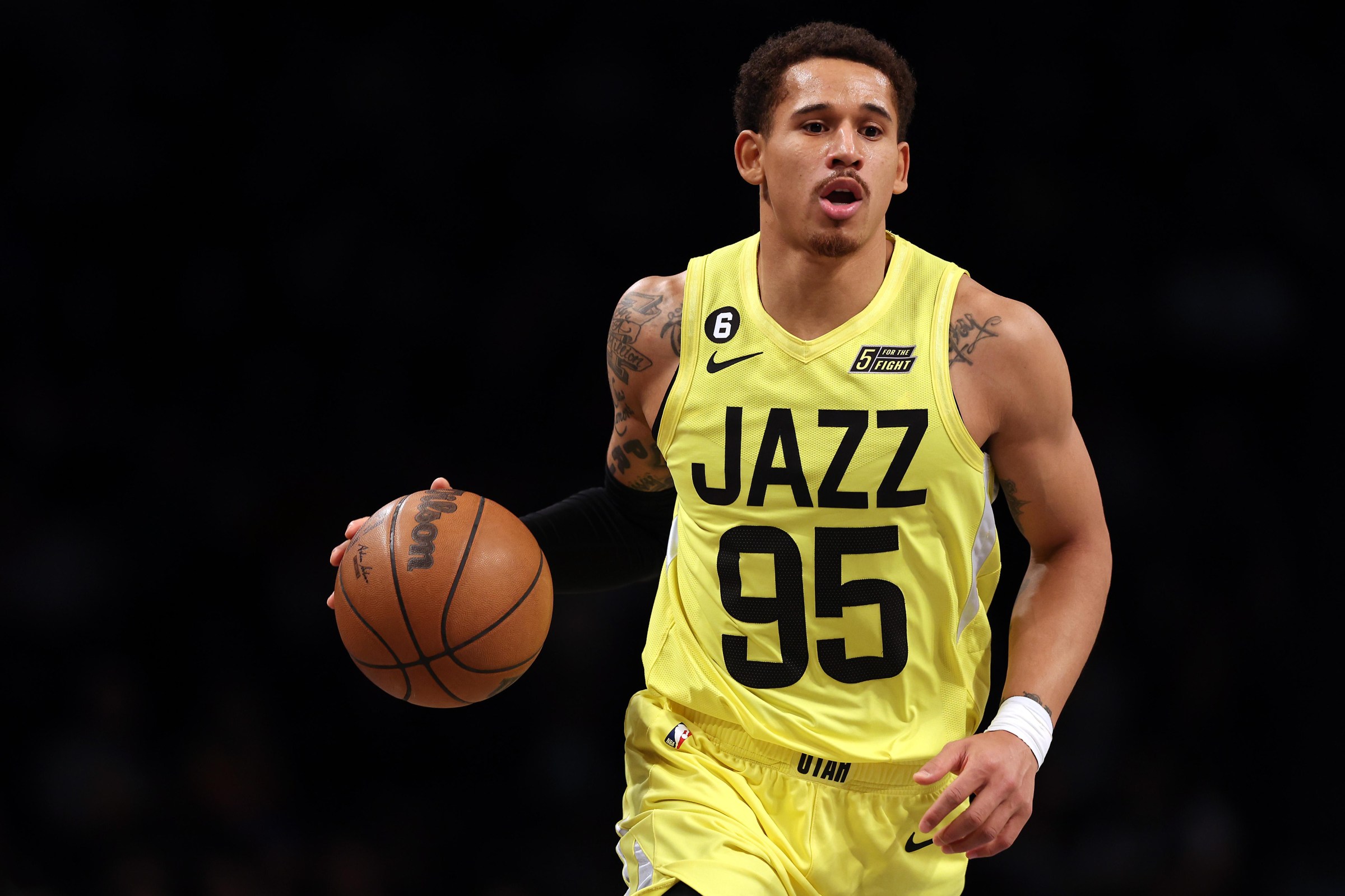 NEW YORK, NEW YORK - APRIL 02: Juan Toscano-Anderson #95 of the Utah Jazz controls the ball during the game against the Brooklyn Nets at Barclays Center on April 02, 2023 in New York City. (Photo by Jamie Squire/Getty Images)