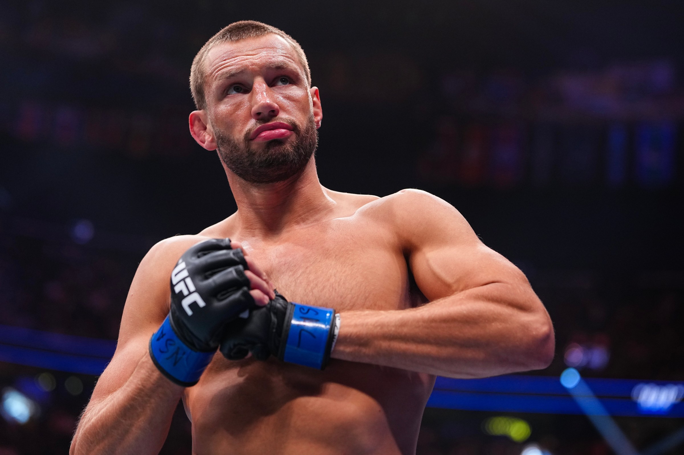 LAS VEGAS, NEVADA - MARCH 07: Reinier de Ridder of The Netherlands enters the Octagon in a middleweight fight during the UFC 326 event at T-Mobile Arena on March 07, 2026 in Las Vegas, Nevada. (Photo by Chris Unger/Zuffa LLC)