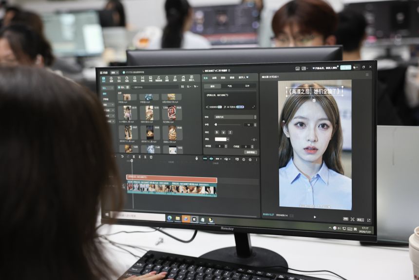 An editor adds titles to a microdrama in Jiaxing, Zhejiang province.