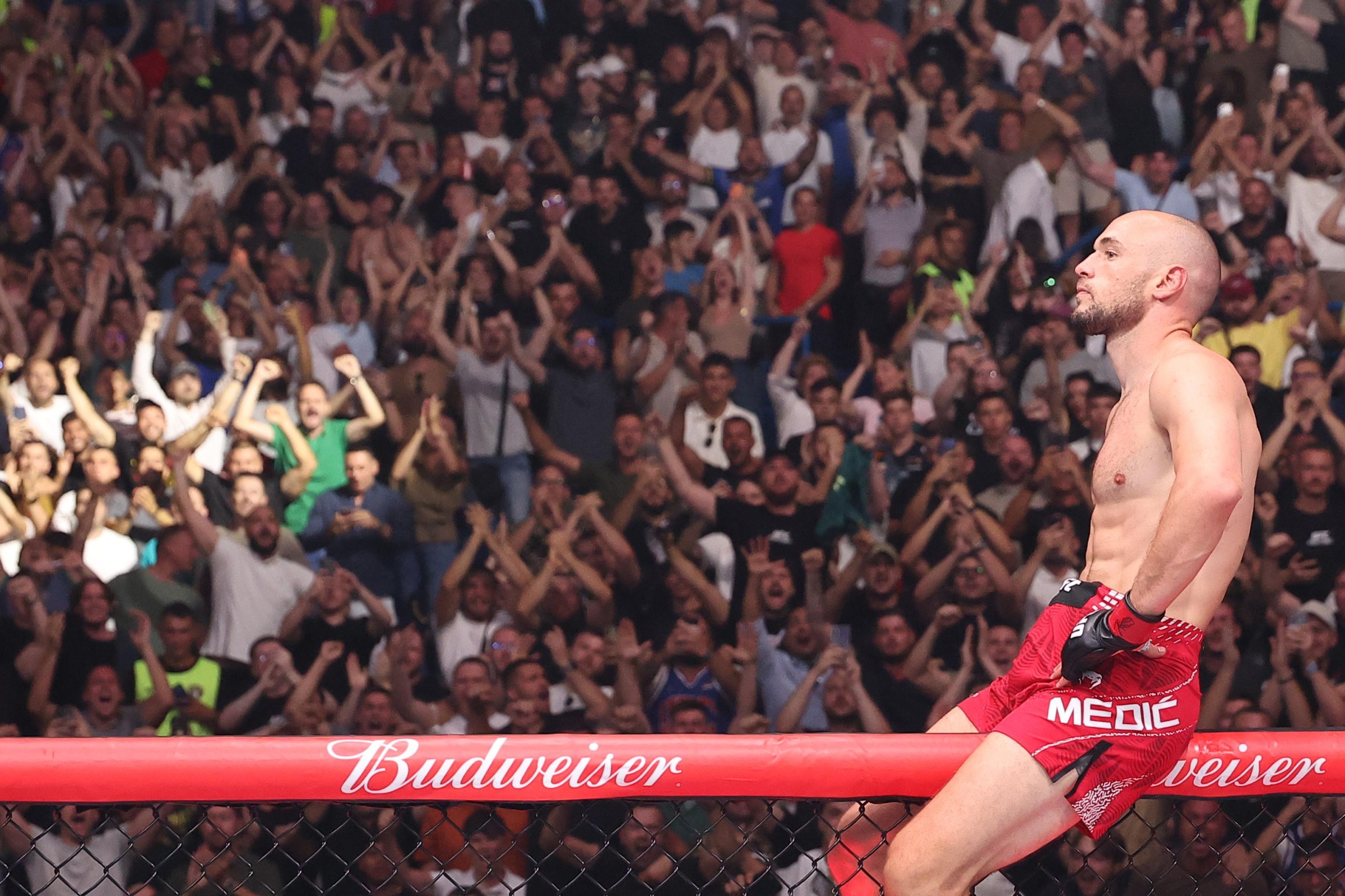 BELGRADE, SERBIA - AUGUST 01: Uros Medic of Serbia reacts after a victory against Daniel Rodriguez in a welterweight fight during the UFC Fight Night event at Belgrade Arena on August 01, 2026 in Belgrade, Serbia. (Photo by Ed Mulholland/Zuffa LLC)