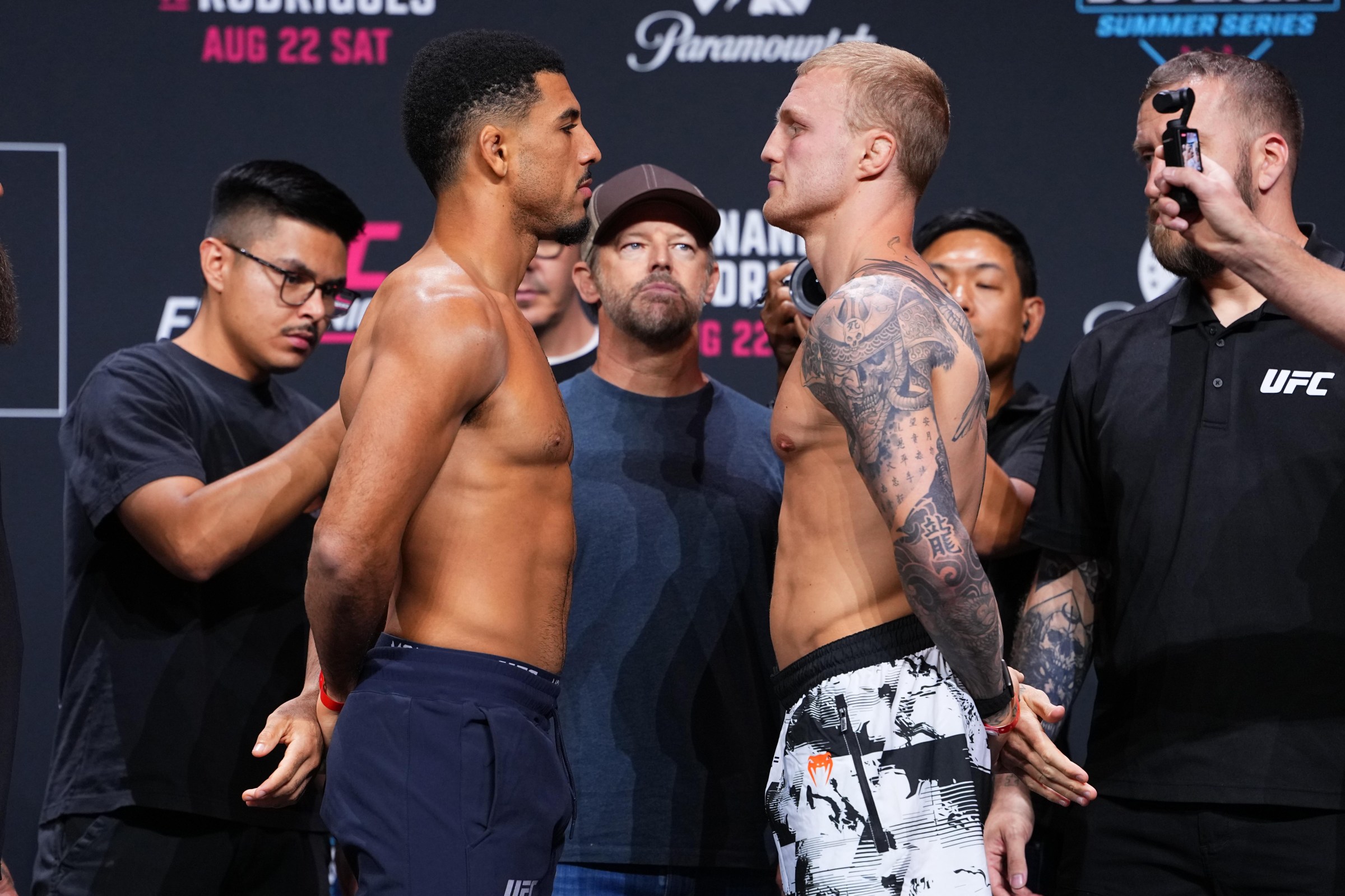 SACRAMENTO, CALIFORNIA - AUGUST 21: (L-R) Opponents MarQuel Mederos and Mason Jones of Wales face off during the UFC Fight Night ceremonial weigh-in at Golden 1 Center on August 21, 2026 in Sacramento, California. (Photo by Jeff Bottari/Zuffa LLC)