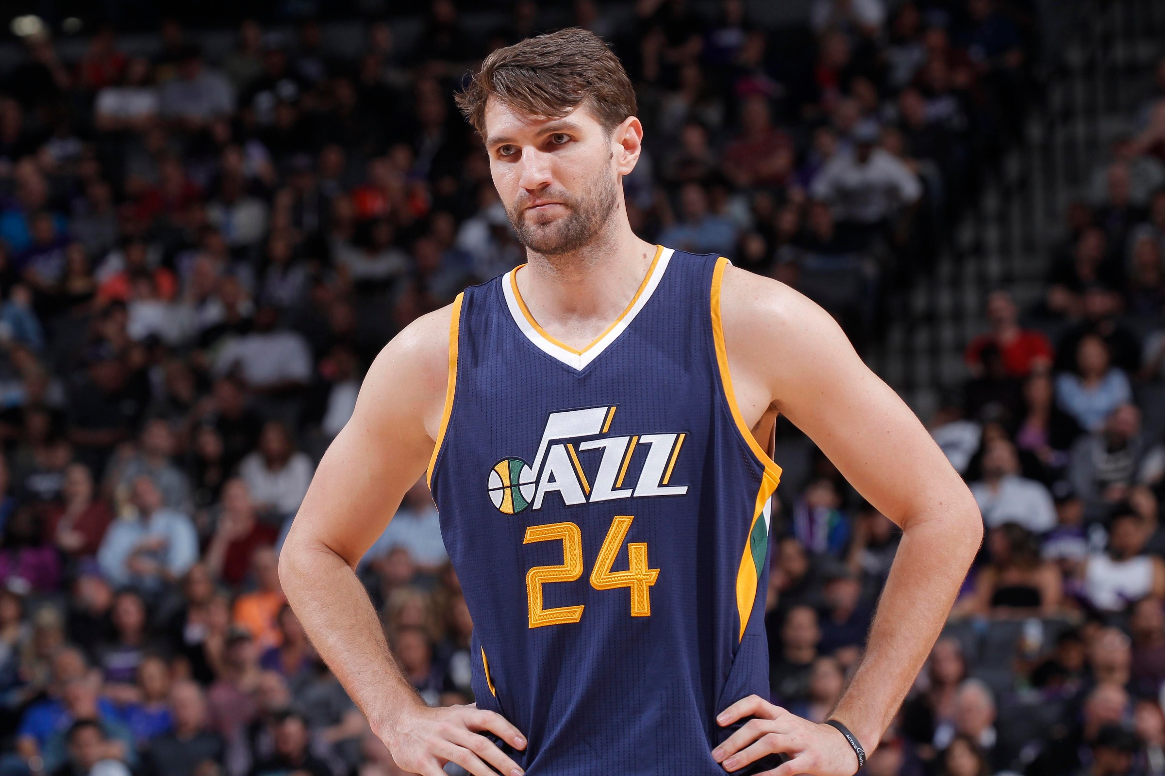 SACRAMENTO, CA - MARCH 29: Jeff Withey #24 of the Utah Jazz looks on during the game against the Sacramento Kings on March 29, 2017 at Golden 1 Center in Sacramento, California. NOTE TO USER: User expressly acknowledges and agrees that, by downloading and or using this photograph, User is consenting to the terms and conditions of the Getty Images Agreement. Mandatory Copyright Notice: Copyright 2017 NBAE (Photo by Rocky Widner/NBAE via Getty Images)