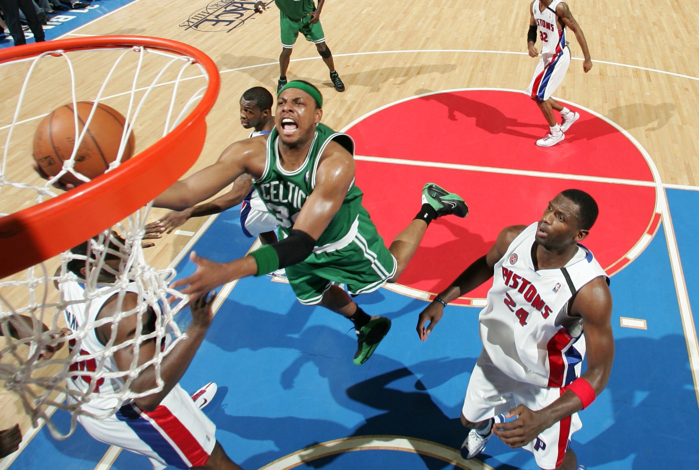 AUBURN HILLS, MI - MAY 30: Paul Pierce #34 of the Boston Celtics shoots against Antonio McDyess #24 the Detroit Pistons in Game Six of the Eastern Conference Finals during the 2008 NBA Playoffs on May 30, 2008 at the Palace at Auburn Hills in Auburn Hills, Michigan. NOTE TO USER: User expressly acknowledges and agrees that, by downloading and/or using this photograph, user is consenting to the terms and conditions of the Getty Images License Agreement. Mandatory Copyright Notice: Copyright 2008 NBAE (Photo by Jesse D. Garrabrant/NBAE via Getty Images)
