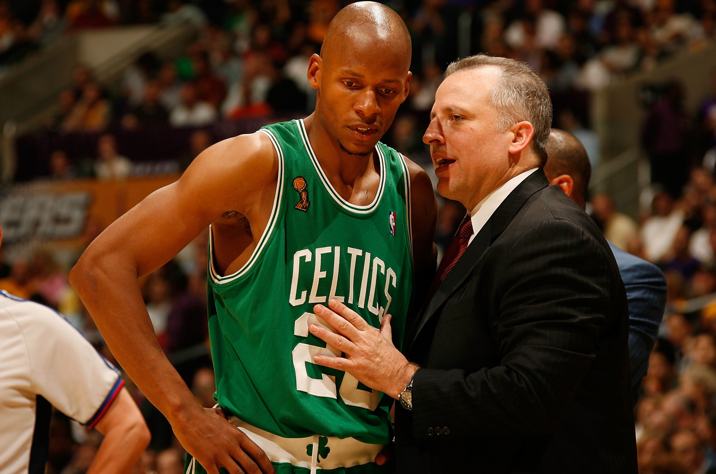 LOS ANGELES, CA - JUNE 12: Assistant coach Tom Thibodeau and Ray Allen #20 of the Boston Celtics against the Los Angeles Lakers in Game Four of the 2008 NBA Finals on June 12, 2008 at Staples Center in Los Angeles, California. NOTE TO USER: User expressly acknowledges and agrees that, by downloading and or using this photograph, User is consenting to the terms and conditions of the Getty Images License Agreement. Mandatory Copyright: 2008 NBAE (Photo by Nathaniel S. Butler/NBAE via Getty Images)