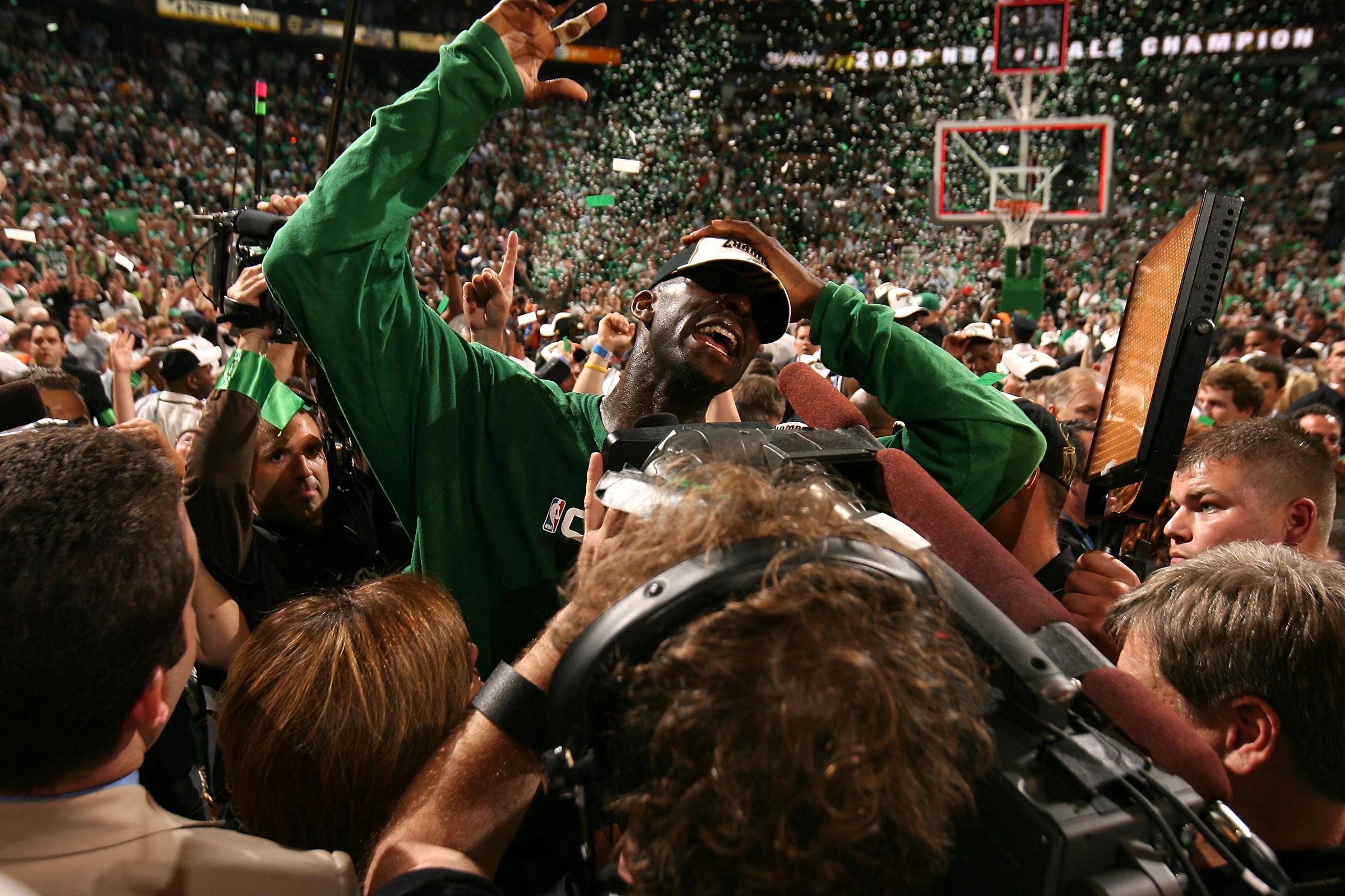 BOSTON - JUNE 17: Kevin Garnett #5 of the Boston Celtics celebrates after defeating the Los Angeles Lakers in Game Six of the 2008 NBA Finals on June 17, 2008 at the TD Banknorth Garden in Boston, Massachusetts. The Celtics won 131-92 to capture the NBA Championship. NOTE TO USER: User expressly acknowledges and agrees that, by downloading and or using this photograph, User is consenting to the terms and conditions of the Getty Images License Agreement. Mandatory Copyright: 2008 NBAE (Photo by Nathaniel S. Butler/NBAE via Getty Images)