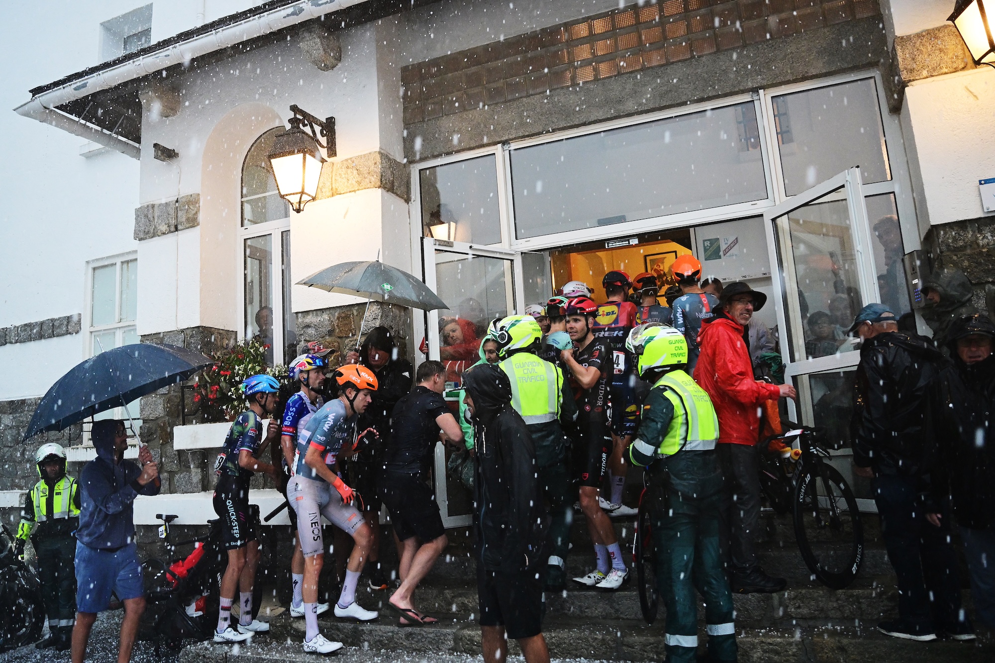 FONT-ROMEU, FRANCE - AUGUST 24: General view of the atmosphere after the cancellation of the stage due to a hailstorm during the La Vuelta - 81st Tour of Spain 2026, Stage 3 a 174km from Gruissan - Aude to Font Romeu 1941m / The stage is cancelled due to extreme weather conditions / #UCIWT / on August 24, 2026 in Font Romeu, France. (Photo by Tim de Waele/Getty Images)